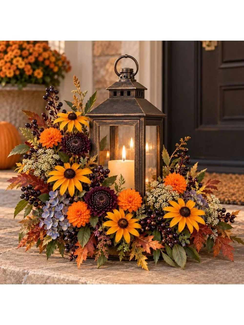 Pumpkin Orange Mini Pom Pom Mums, 4 Stem Artificial Faux Flower Bunch, Fall